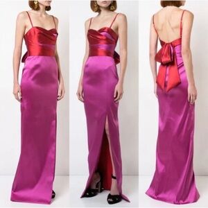 Marchesa Notte Color Block 2 Tone Mikado Back Bow Column Gown Maxi Dress Size 14